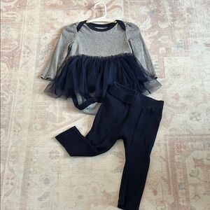 Striped Bodysuit with Navy Tulle Skirt and Leggings